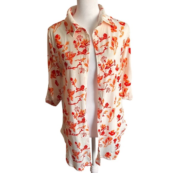 LuLaRoe Tops - LuLaRoe Amy Floral Button Down Shirt Womens XS Orange Red Roll Tab Sleeve Top
